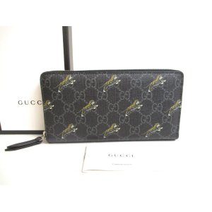 Photo: GUCCI GG Coating Canvas Black Leather Taiger Motif Round Zip Wallet #a492