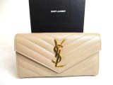 Photo: Saint Laurent Gold YSL Motif Beige Leather Long Flap Wallet #a525