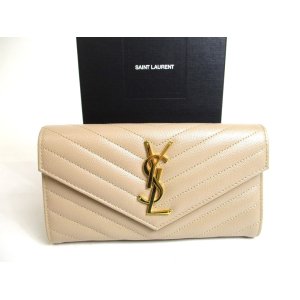 Photo: Saint Laurent Gold YSL Motif Beige Leather Long Flap Wallet #a525