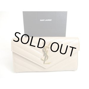 Photo: Saint Laurent Gold YSL Motif Beige Leather Long Flap Wallet #a525