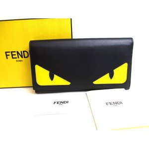 Photo: FENDI Black Red Leather Yellow Monster Bugs Eyes Flap Long Wallet #a534