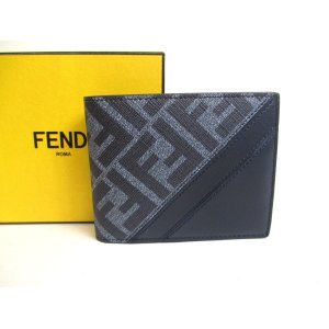 Photo: FENDI Zucca Diagonal Navy Blue Fabric Leather Bifold Wallet Compact Wallet #a537