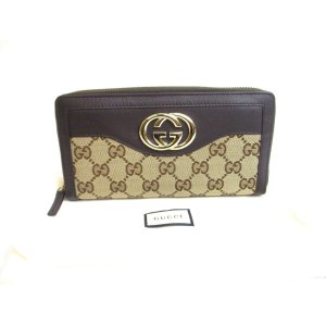 Photo: GUCCI GG Brown Canvas and Leather Round Zip Long Wallet #a554