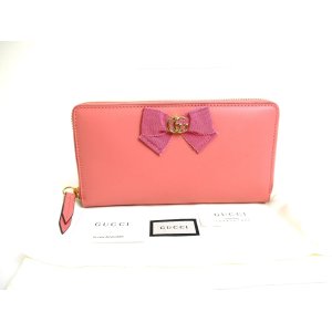 Photo: GUCCI GG Marmont Ribbon Motif Pink Leather Round Zip Wallet #a558