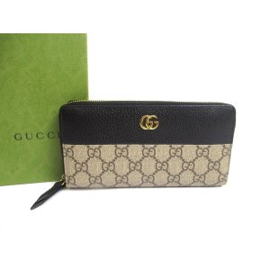 Photo: GUCCI Double G Beige Coating Canvas Black Leather Round Zip Wallet #a566