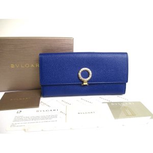 Photo: BVLGARI Blue Leather Logo Clip Flap Long Wallet #a567