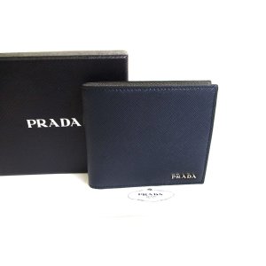 Photo: PRADA Saffiano Navy Blue Gray Leather Bifold Wallet Compact Wallet #a586