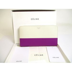 Photo: CELINE Off White and Purple Leather Silver H/W Round Zip Long Wallet #a597