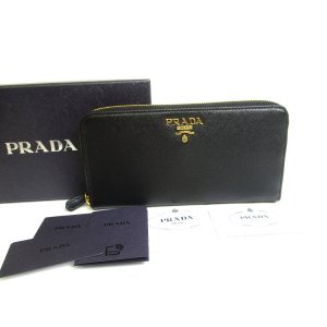 Photo: PRADA Saffiano Black Leather Gold H/W Large Round Zip Long Wallet #a616