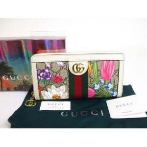 Photo: GUCCI White Leather Flower Motif Web Stripe Ophidia Zip Around Wallet #a623