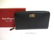 Photo1: Salvatore Ferragamo Gancini Black Leather Gold H/W Round Zip Wallet #a687
