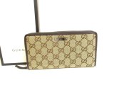 Photo: GUCCI GG Brown Canvas White Leather Round Zip Long Wallet #a695