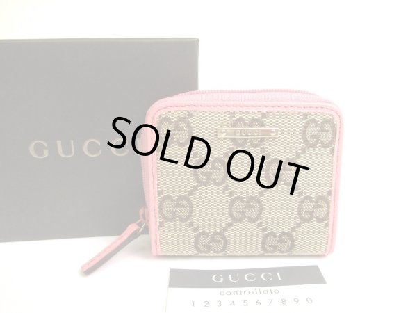Photo1: GUCCI Biege GG Canvas Pink Leather Mini Coin Purse #a702
