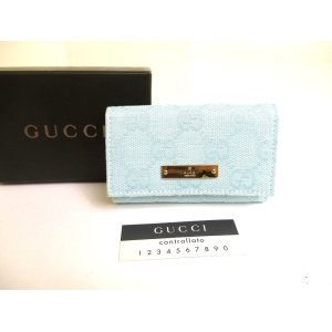 Photo: GUCCI Light Blue GG Canvas White Leather 6 Pics Key Chain #a738