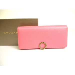 Photo: BVLGARI Pink Leather Logo Clip Gold H/W Flap Long Wallet #a769