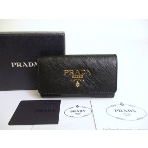 Photo: PRADA Black Saffiano Metal Leather 4 Pics Key Chain #a810