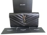 Photo: Saint Laurent YSL Silver YSL Motif Black Leather Long Flap Wallet #a875