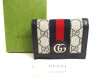 Photo1: GUCCI GG Navy Blue Leather Beige Ophidia GG Canvas Bifold Wallet #a933