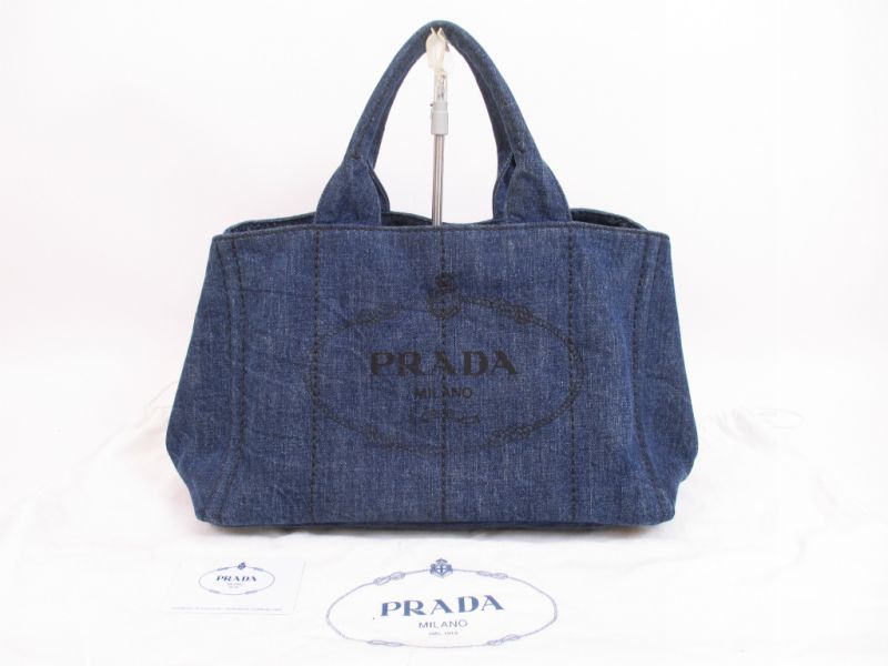 Photo1: PRADA Canapa Denim Blue Tote Bag Hand Bag Purse #4363