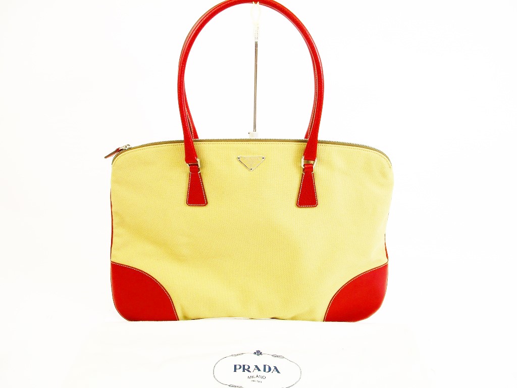 Photo1: PRADA Canvas&Leather Beige Red Hand Bag Purse #5896