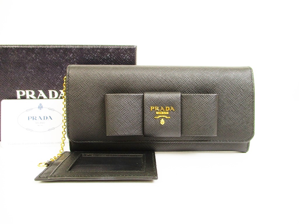 Photo1: PRADA Saffiano Leather Ribbon Black Bifold Long Wallet Purse #6264