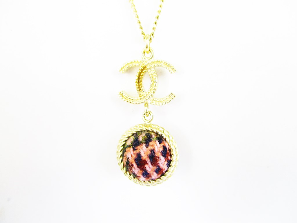 Photo1: CHANEL CC Logo Tweed Ball Steel Chain Necklace #6731