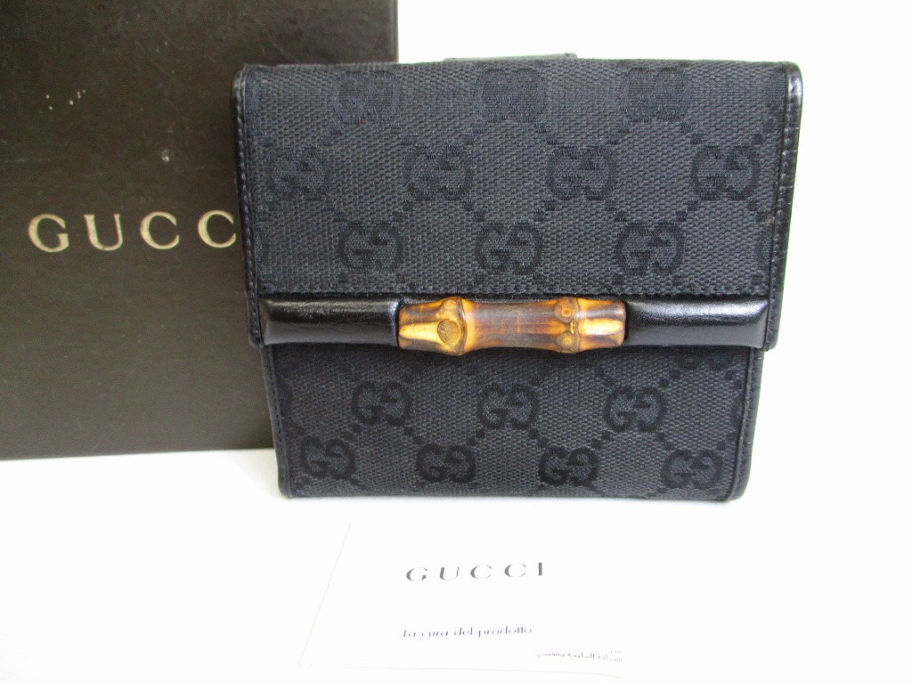 Photo1: GUCCI GG Black Canvas Bamboo Bifold Wallet Compact Wallet #8353