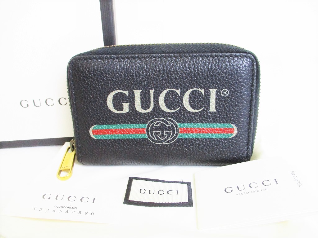 Photo1: GUCCI Logo Print Black Leather Coin Purse #8630