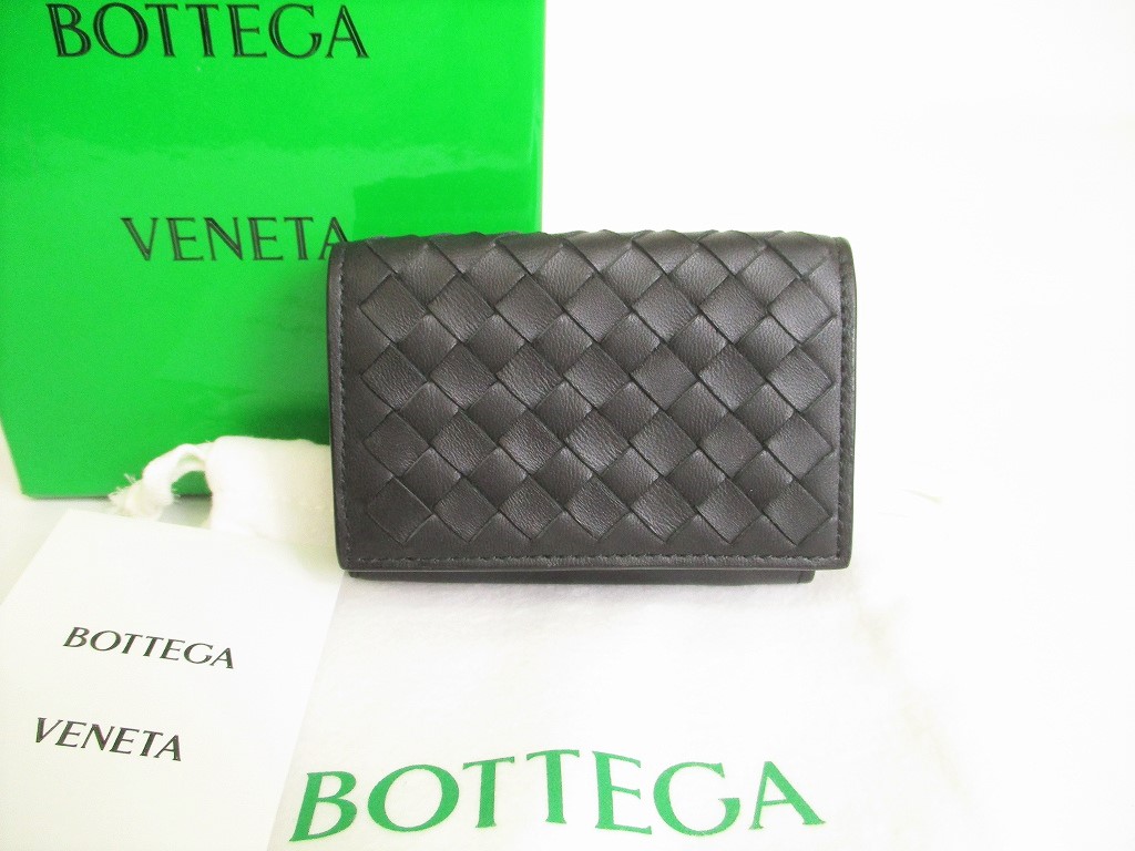 Photo1: BOTTEGA VENETA Intrecciato Black Leather Trifold Wallet Conpact Wallet #8690