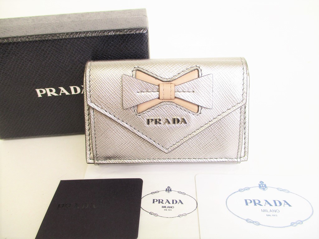Photo1: PRADA Ribbon Silver Saffiano Leather Trifold Wallet Compact Wallet #8714