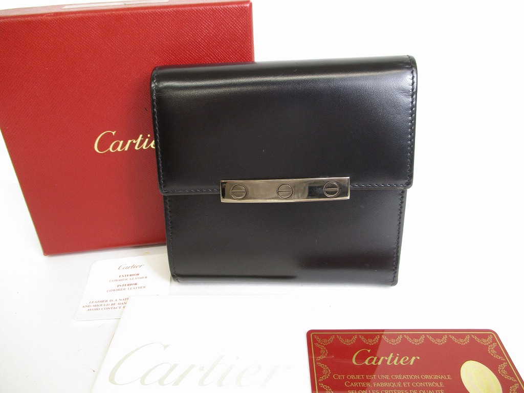 Photo1: Cartier Love Collection Silver H/W Black Leather Bifold Wallet #8760