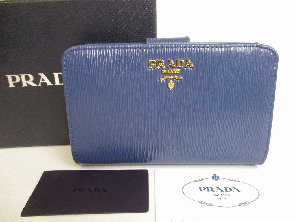 Photo1: PRADA Saffiano Blue Leather Bifold Wallet Compact Wallet #8777