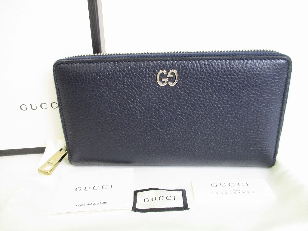 Photo1: GUCCI GG Metal Navy Blue Leather Round Zip Long Wallet #8803