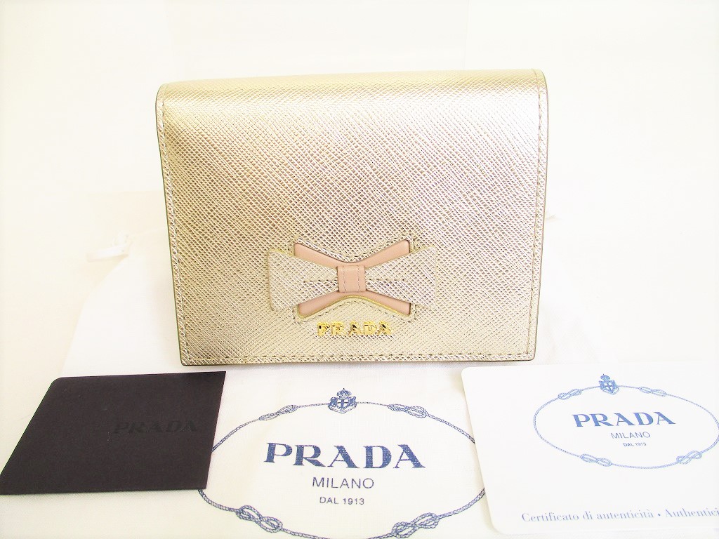 Photo1: PRADA Saffiano Leather Ribbon Motif Bifold Wallet Compact Wallet #8850