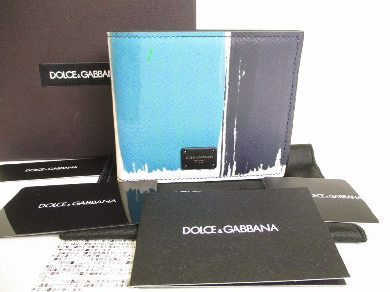 Photo1: DOLCE&GABBANA Light Blue Navy Blue Multicolor Leather Bifold Wallet #8940