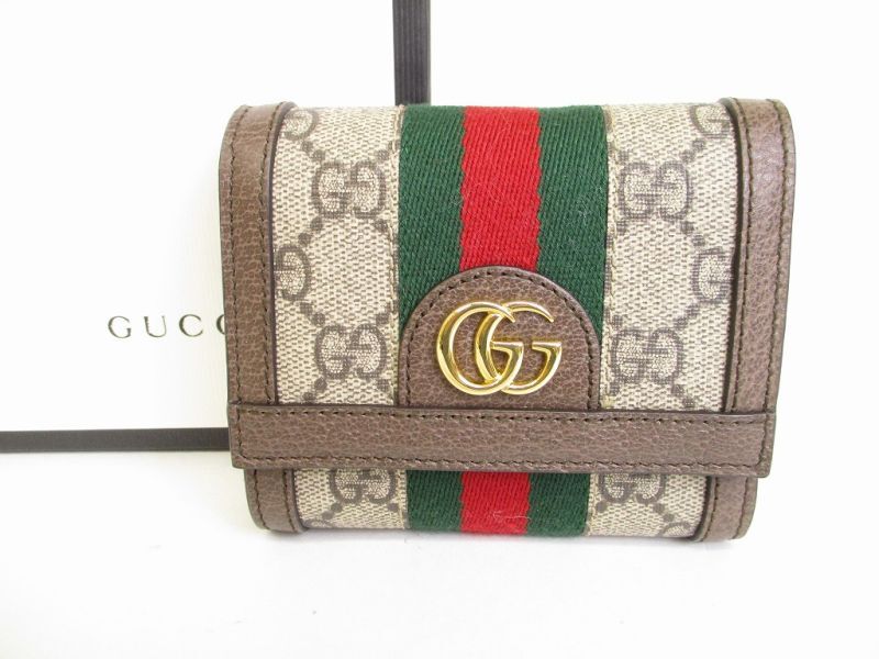 Photo1: GUCCI GG Canvas Brown Leather Trifold Wallet Compact Wallet #8947