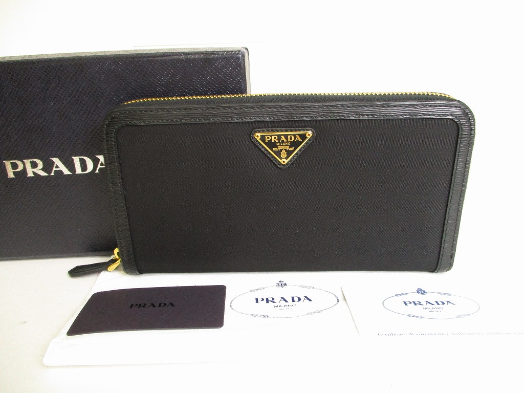 Photo1: PRADA Black Nylon Leather Gold H/W Round Zip Long Wallet #9000