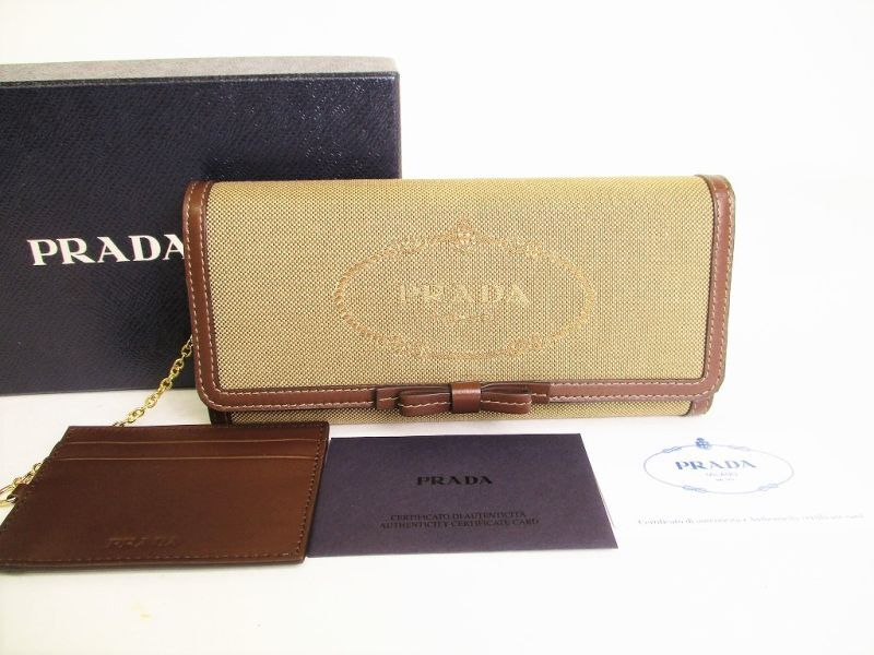 Photo1: PRADA Logo Jacquard Beige Canvas Brown Leather Flap Long Wallet #9025