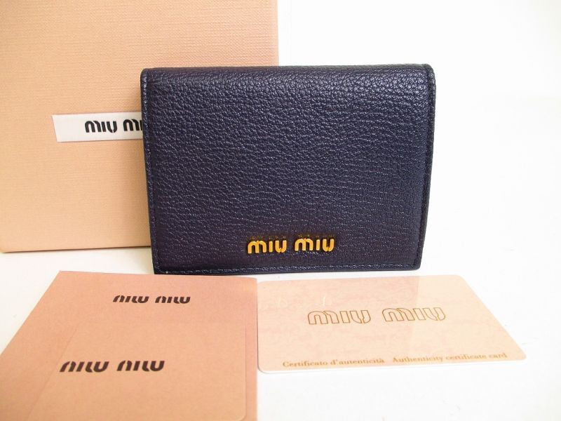 Photo1: miumiu Navy Blue Leather Madras Bifold Wallet Compact Wallet #9038