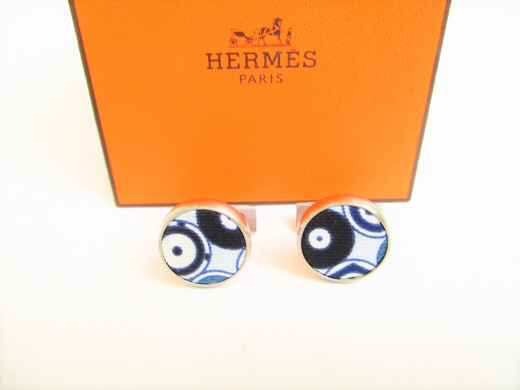 Photo1: HERMES Silver Steel Blue Canvas Cufflinks Cuffs #9087