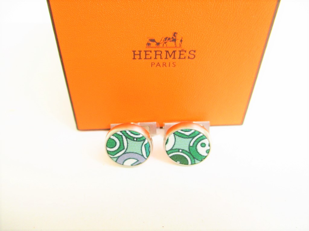 Photo1: HERMES Green Canvas Steel Cufflinks Cuffs #9114