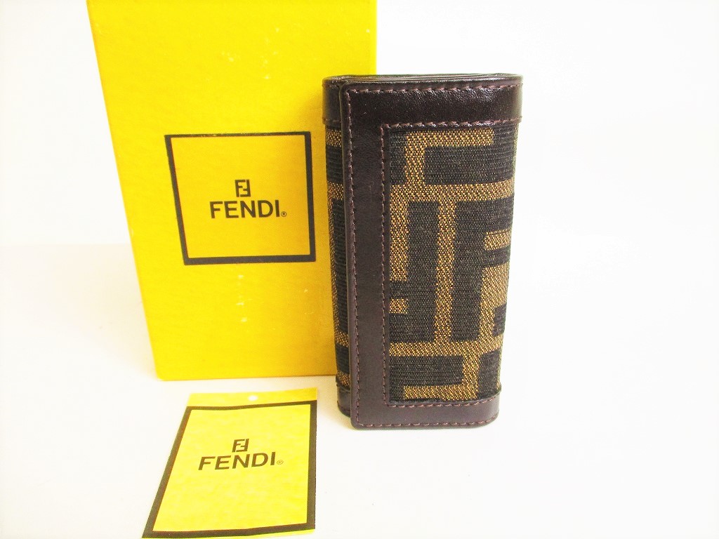 Photo1: FENDI Zucca Khaki Canvas Dark Brown Leather 4pics Key Cases #9119