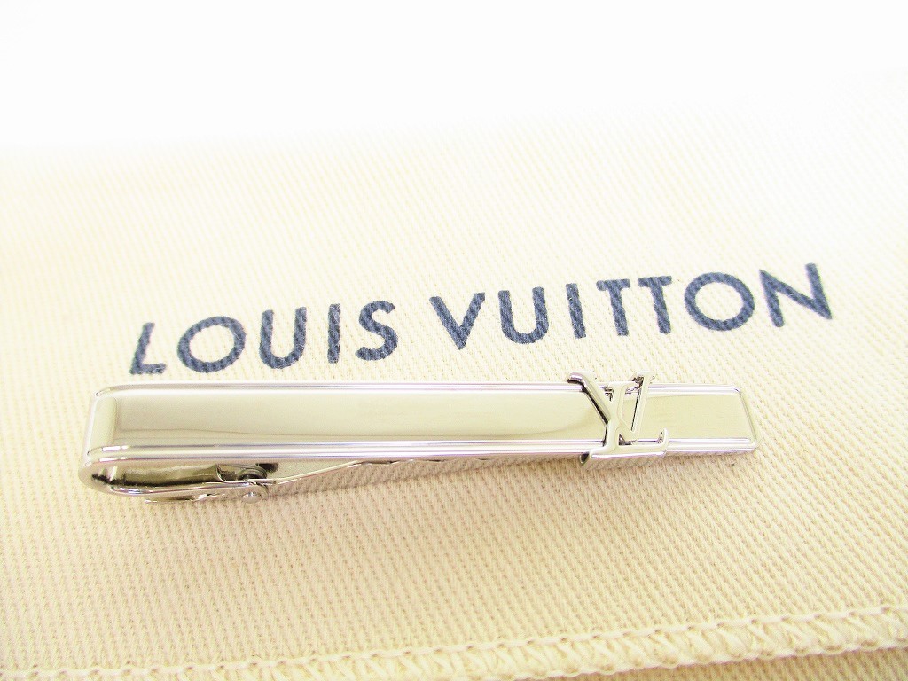 Auth LOUIS VUITTON Silver Steel LV Motif Necktie Pin Tie Clip #9635