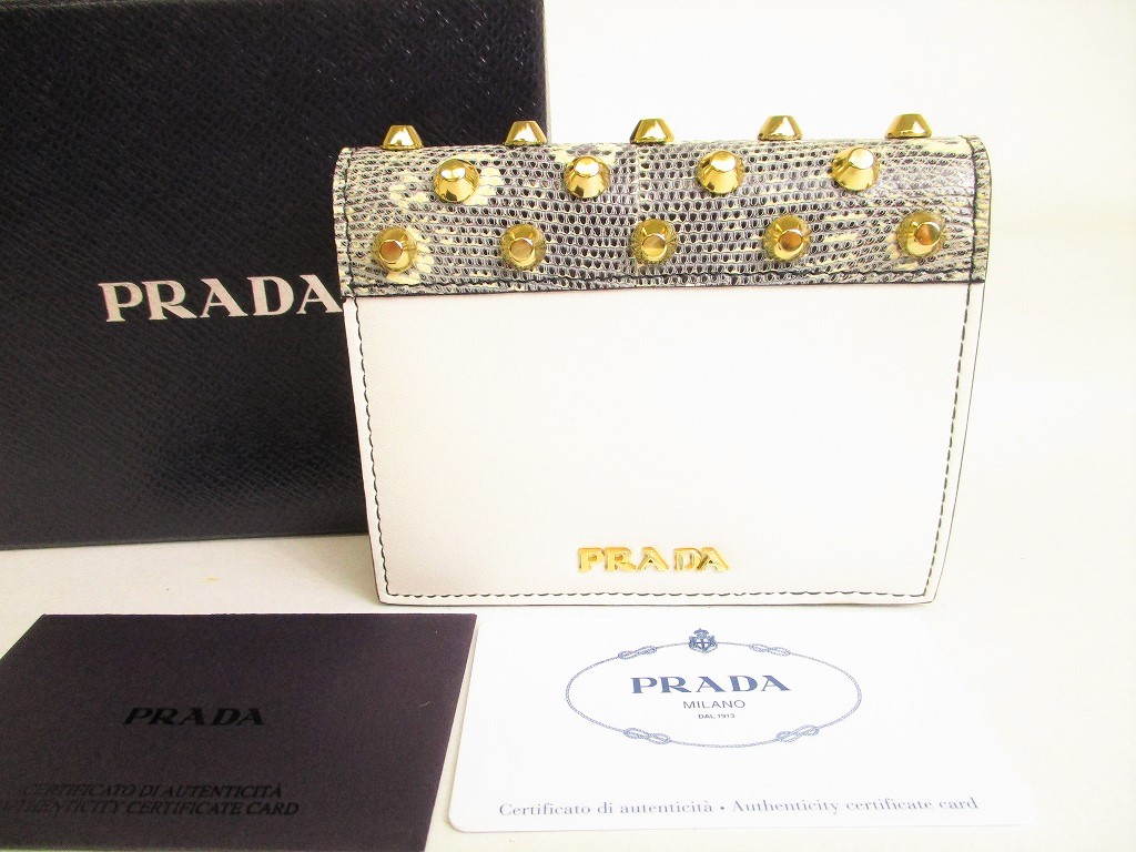 Photo1: PRADA White City Calf Leather Gold H/W Bifold Wallet Compact Wallet #9190