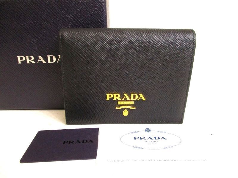 Photo1: PRADA Saffiano Metal Black Leather Bifold Wallet Compact Wallet #9293