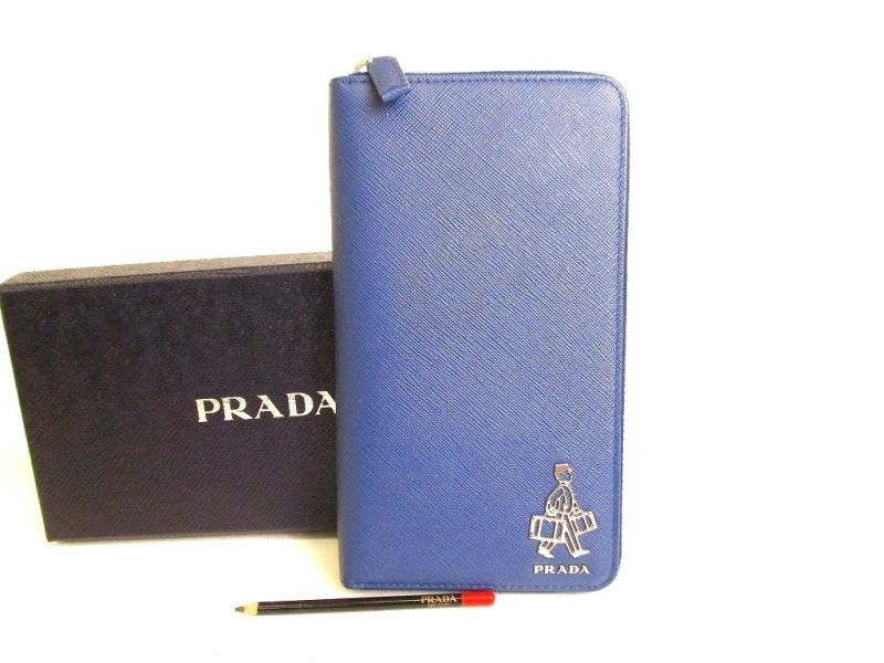 Photo1: PRADA Navy Blue Saffiano Leather Porter Motif Round Zip Long Wallet #9324