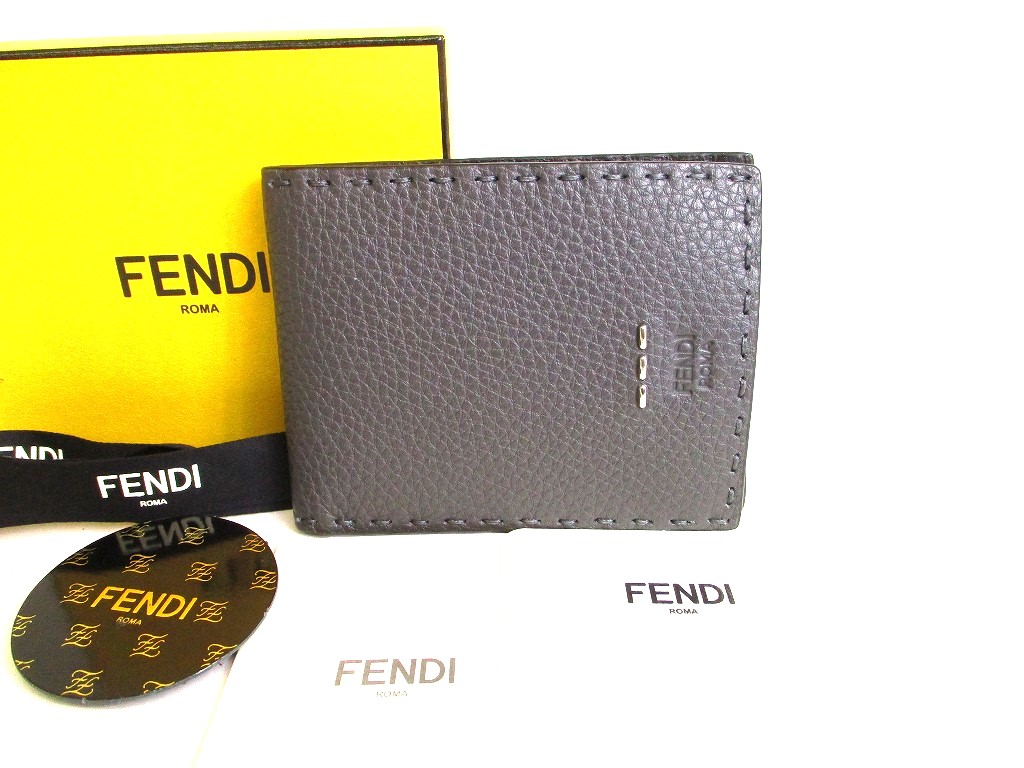 Photo1: FENDI Selleria Gray Leather Bifold Wallet Compact Wallet #9329