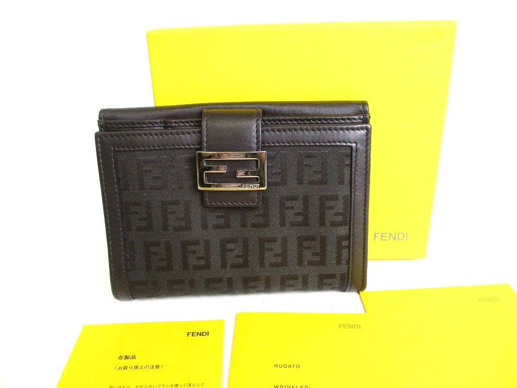 Photo1: FENDI Zucca Canvas Black Canvas Leather Bifold Wallet Compact Wallet #9347
