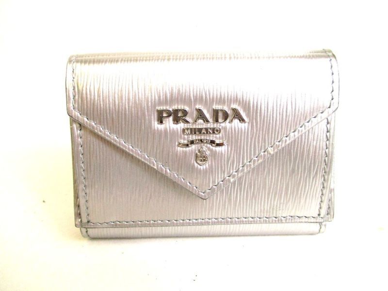 Photo1: PRADA Silver Leather Trifold Wallet Compact Wallet #9374