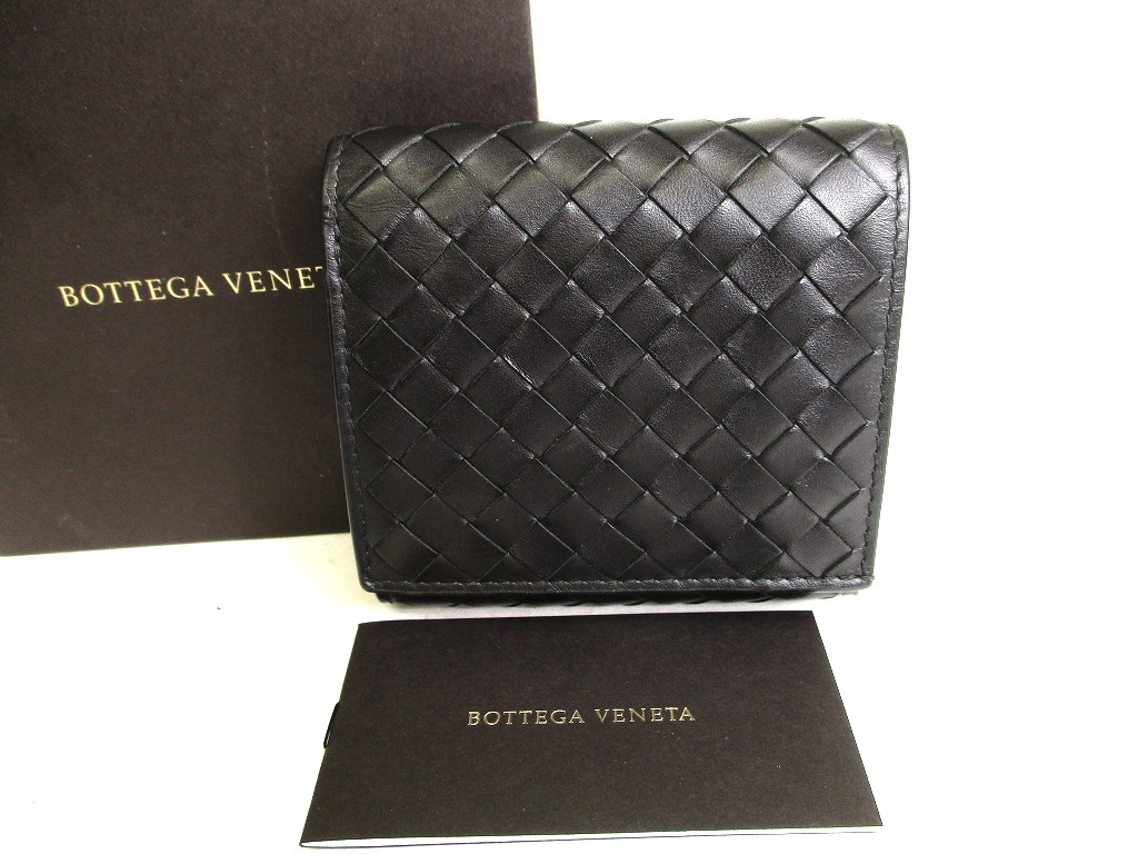 Photo1: BOTTEGA VENETA Intrecciato Black Leather Bifold Wallet Compact Wallet #9387